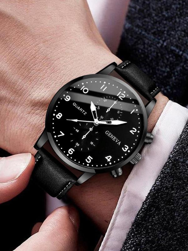 Men's Classic Business Pu Leather Strap Quartz Watch Set, Round Dial Analog Watch & Matching Bracelet Kit, 2024 New Trendy Casual Wristwatch for Boys, without Box