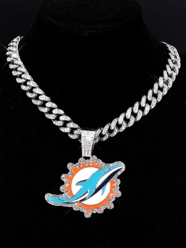 2024 New Style Dolphins Pendant Necklace, Hip Hop Punk Rhinestone Decor Cuban Necklace for Football Fans, Icy Hip Hop Pendant for Jewelry Men