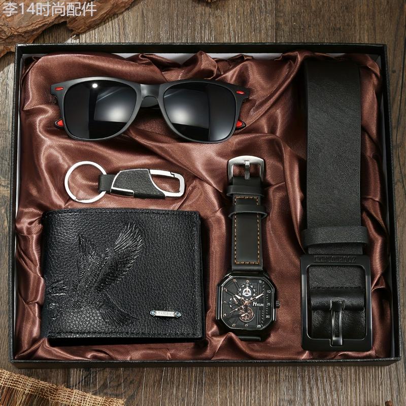 5pcs set, Men's Fashion Watch & Belt & Keychain & Glasses & Wallet Gift Box Set