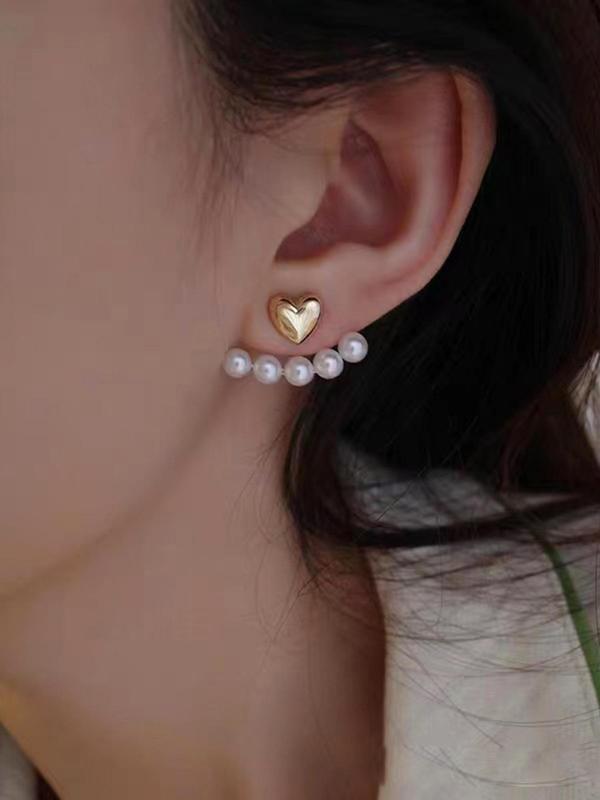 1 Pair Women's Elegant Fashion Faux Pearl Embellished Heart Stud Earrings, Reversible Front and Back, Holiday Party Accessories Gifts