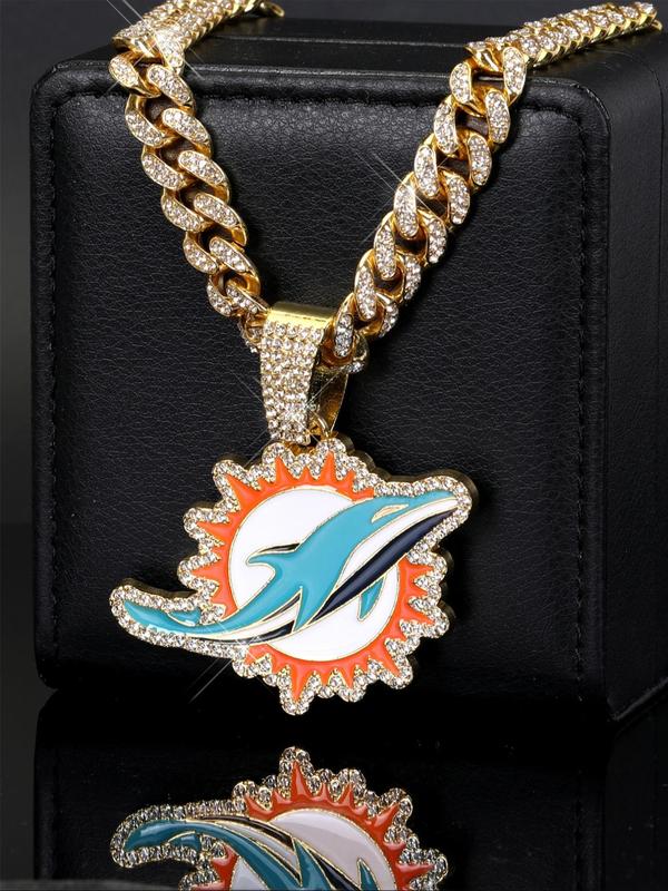 2024 New Style Dolphins Pendant Necklace, Hip Hop Punk Rhinestone Decor Cuban Necklace for Football Fans, Icy Hip Hop Pendant for Jewelry Men