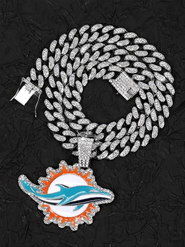 2024 New Style Dolphins Pendant Necklace, Hip Hop Punk Rhinestone Decor Cuban Necklace for Football Fans, Icy Hip Hop Pendant for Jewelry Men