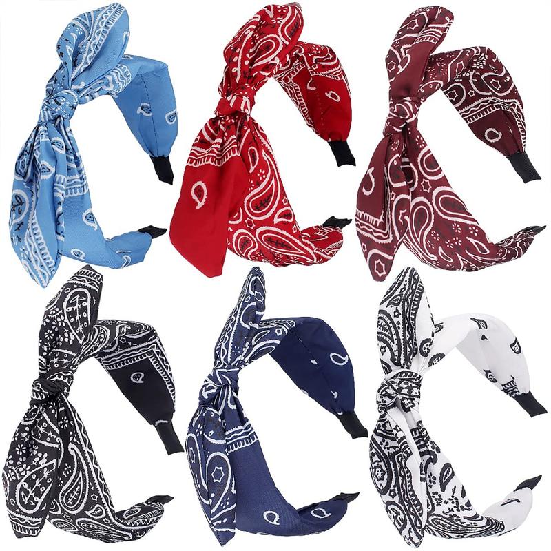 Headband, 6 Pack Bandana Knotted Bow Headbands for Women, Paisley Headband with Removable Rabbit Ears, Top Knot Headband, Turban Headbands, Hair Band for Women Girls