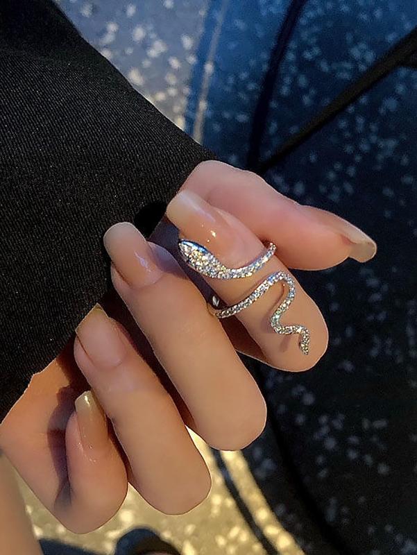 Punk Style Rhinestone Decorated Snake Design Cuff Ring, Exquisite Trendy Texture Alloy Ring for Women, Fashion Jewelry for Party Decoration & Holiday Gifts