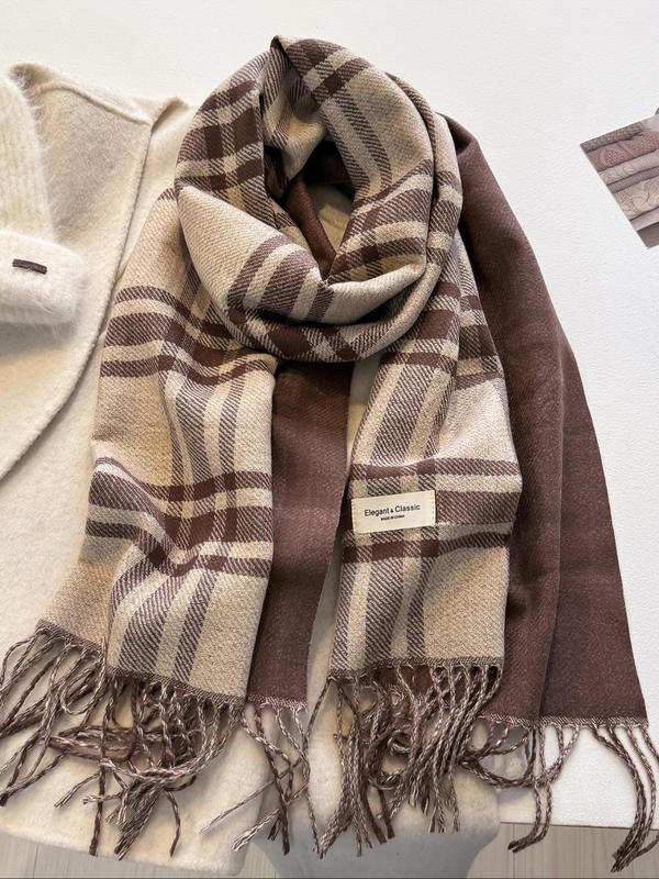 Women's Tartan Print Tassel Decor Scarf, Casual Soft Warm Comfy Shawl for Fall & Winter, Fashion Accessories for Daily Wear