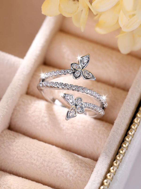 Women's Elegant Rhinestone Decorated Butterfly Design Ring, Exquisite Trendy Layered Ring, Fashionable Jewelry As Gift for Women & Girls