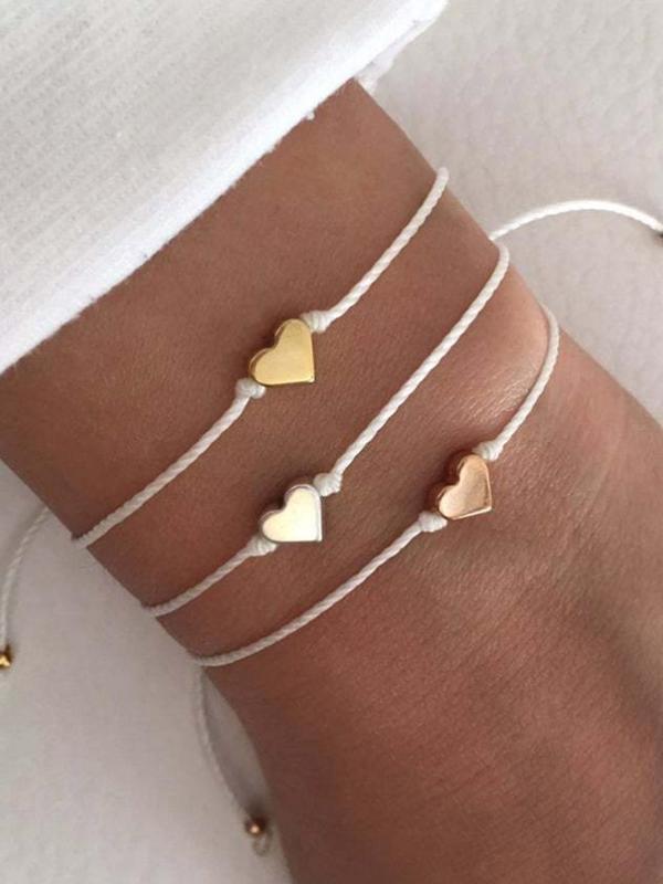 Simple Heart Decor Bracelet (3pcs), Fashionable Alloy Jewelry for Women & Men, Fashion Jewelry for Party, Daily Clothing Decor, Trendy All-match & Exquisite Jewelry for Birthday Gift