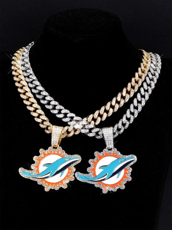 2024 New Style Dolphins Pendant Necklace, Hip Hop Punk Rhinestone Decor Cuban Necklace for Football Fans, Icy Hip Hop Pendant for Jewelry Men