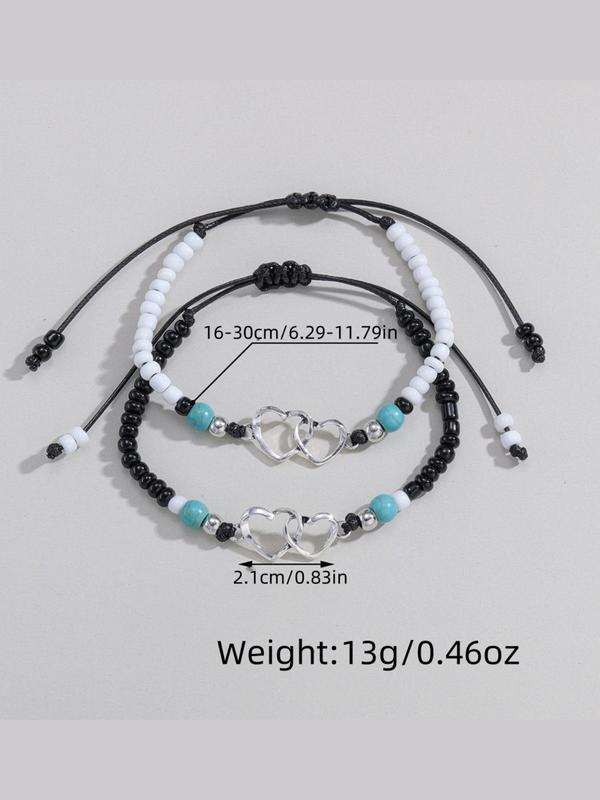 Fashion Colorblock Beaded Heart Decor Bracelets, Adjustable Strap Couple Bracelet for Women & Men, Fashion Trendy Exquisite Jewelry for Party for Gift