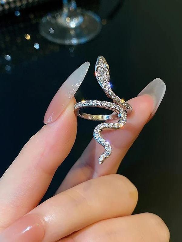 Punk Style Rhinestone Decorated Snake Design Cuff Ring, Exquisite Trendy Texture Alloy Ring for Women, Fashion Jewelry for Party Decoration & Holiday Gifts