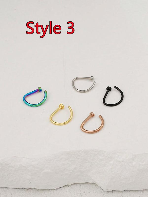 C-shaped Nose Rings, 5pcs set Classic Stainless Steel D-shaped Nose Rings, Double-layer Spiral Nose Rings, Piercing Fake Nose Rings, Body Piercing Jewelry Sets, Body Piercing Nose Rings Jewelry