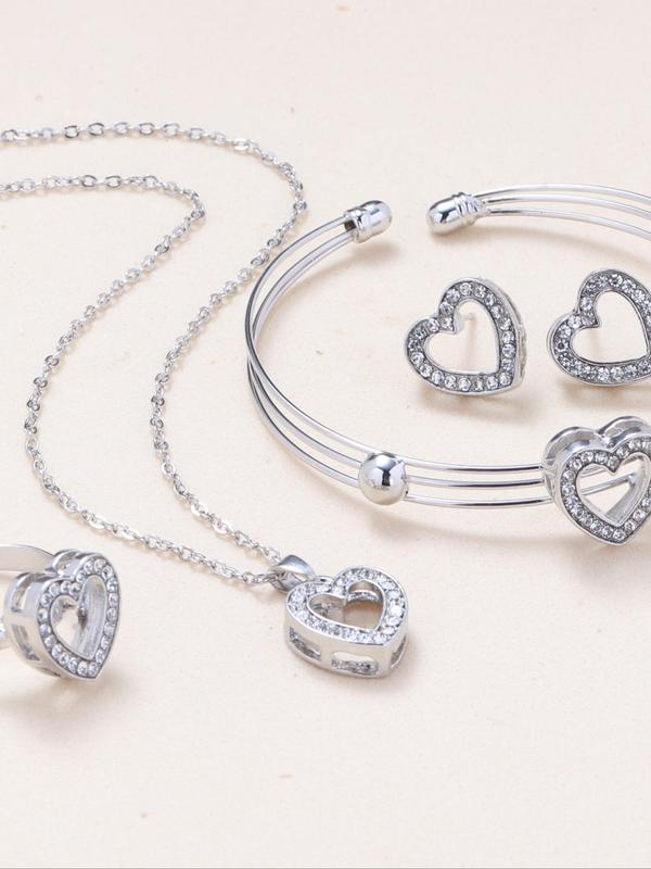 Women's Rhinestones Hollow Heart Decor Jewelry Set Including Pendant Necklace, Stud Earrings, Cuff Bangle & Ring, Modern Trendy Jewelry Set for Party, Ladies Anniversary Birthday Jewelry Gift for I Love My Girlfriend