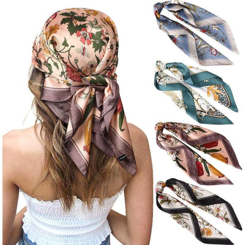 27 Inches Silk Feeling Square Head Scarf - 4 Pcs Satin Square Head Scarves for Women Hair Bandanas