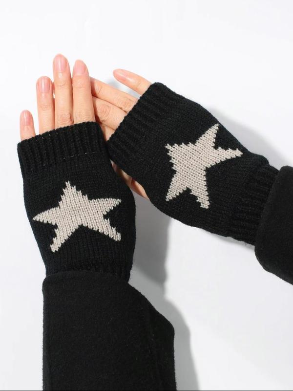 Star Print Design Half Finger Gloves, Casual Soft Comfort Outdoor Sports Gloves, Knitted Pentagram Pattern Kawaii Accessories for Fall & Winter