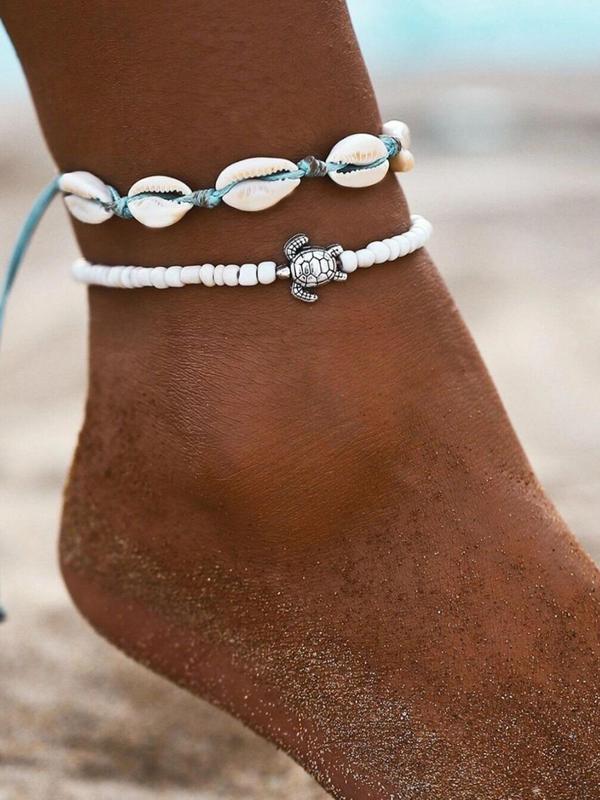 Women's 2pcs Shell Turtle Design Beaded braided Anklet, Summer 2024 Boho Jewelry for Beach Vacation Holiday Summer, Body Jewelry Gift for Daily Use