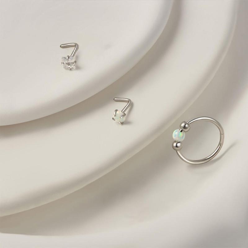 4PCs Opal Nose Rings Hoop and L-Shaped Nose Studs Set for Women Men,Hypoallergenic 316L Surgical Stainless Steel Hinged Clicker Segment Piercing Jewelry Helix Cartilage Daith Tragus Sleeper Earrings nose stud