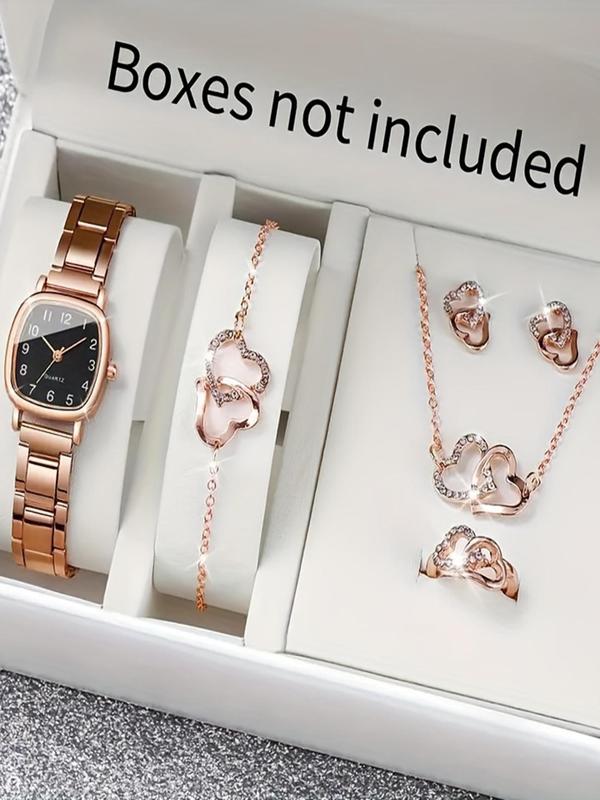 Women's Elegant Rhinestone Decor Heart Design Quartz Watch & Jewelry Set, Including Round Dial Watch & Stud Earrings & Pendant Necklace & Ring & Bracelet, Fashion Watch Set for Party, Daily Decor