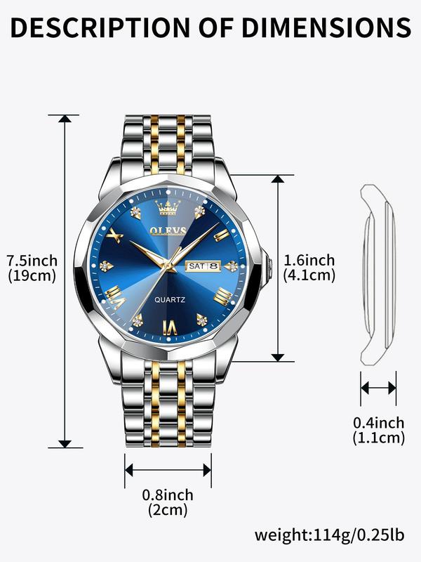 Men's Fashion Elegant Formal Analog & Digital Quartz Watch, Rhinestones Decor Wristwatch with Date & Week Display, Business Watch for Work As Gift