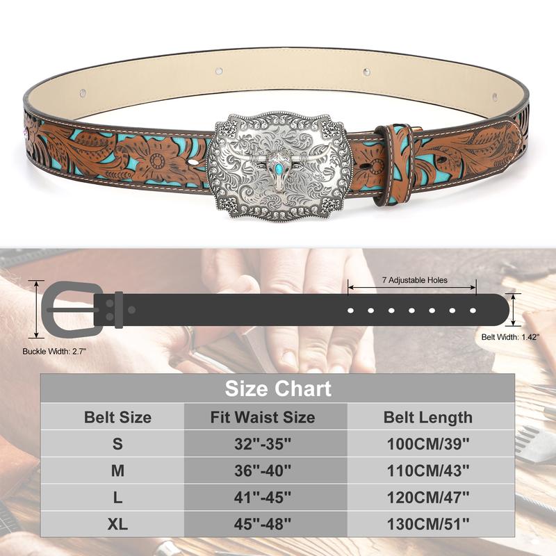 XZQTIVE Western Leather Buckle Belt for Men Women Floral Engraved Cowboy Belt for Jeans Longhorn Bull Buckle Waist Belt, L