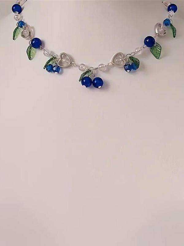 Fashion Blueberry Themed Jewelry Set, Boho Style Fruit & Leaf & Heart Design Necklace & Dangle Earrings, Fashion Accessories for Women & Girls, Exquisite Jewelry for Gift