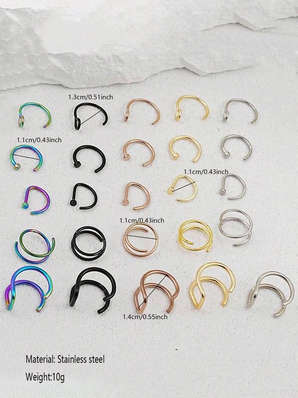 C-shaped Nose Rings, 5pcs set Classic Stainless Steel D-shaped Nose Rings, Double-layer Spiral Nose Rings, Piercing Fake Nose Rings, Body Piercing Jewelry Sets, Body Piercing Nose Rings Jewelry