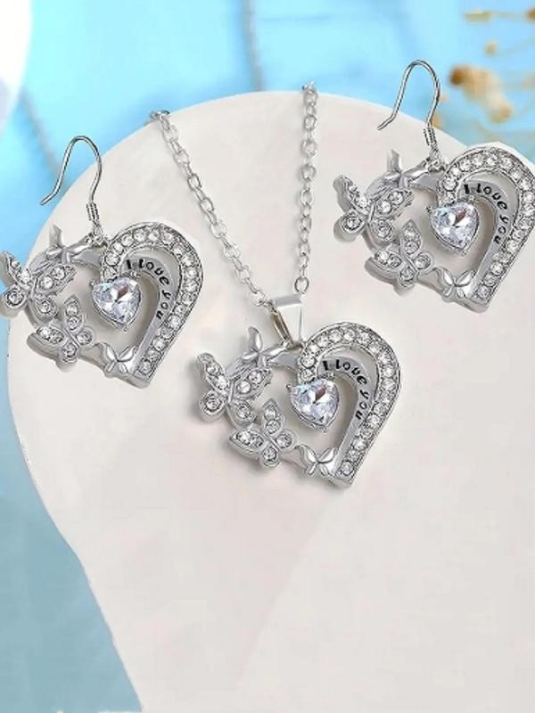 Heart Shaped Pendant Necklace & Dangle Earrings, Rhinestone Decor Jewelry Set for Women, Fashion Jewelry for Party, Daily Decor, Trendy All-match & Exquisite Jewelry for Birthday Gift