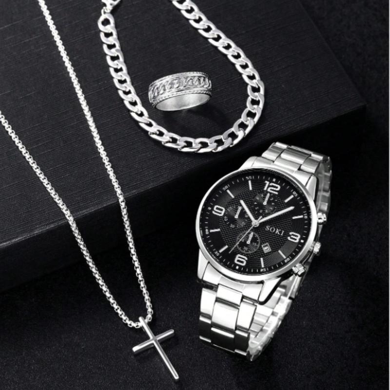 Fashionable 4pcs Men's Quartz Watch Set With Calendar Function - Non-Waterproof Black Zinc Alloy Case & Bracelet, Round Dial, Electronic Drive & Pointer Display, Including Cross Pendant Necklace & Ring