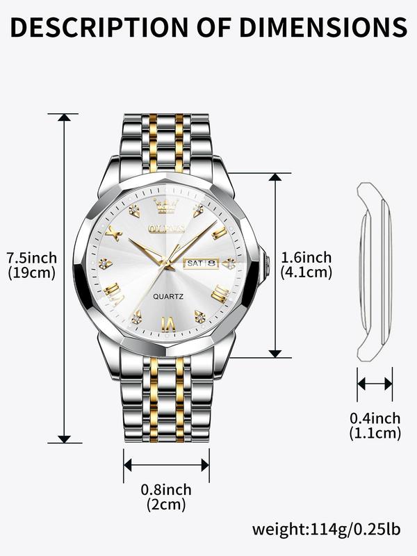 Men's Fashion Elegant Formal Analog & Digital Quartz Watch, Rhinestones Decor Wristwatch with Date & Week Display, Business Watch for Work As Gift