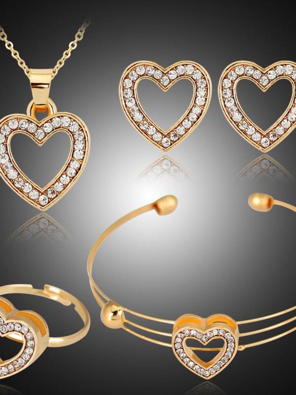 Women's Rhinestones Hollow Heart Decor Jewelry Set Including Pendant Necklace, Stud Earrings, Cuff Bangle & Ring, Modern Trendy Jewelry Set for Party, Ladies Anniversary Birthday Jewelry Gift for I Love My Girlfriend