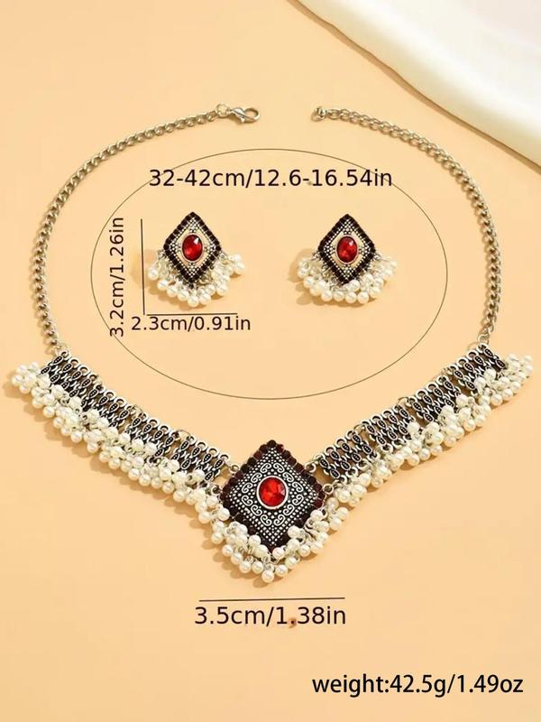 Faux Pearl Decorated Geometric Design Pendant Necklace & Dangle Earrings, Fashion Rhinestones Jewelry Set for Party, Classic Fashion Accessories for Daily Wear