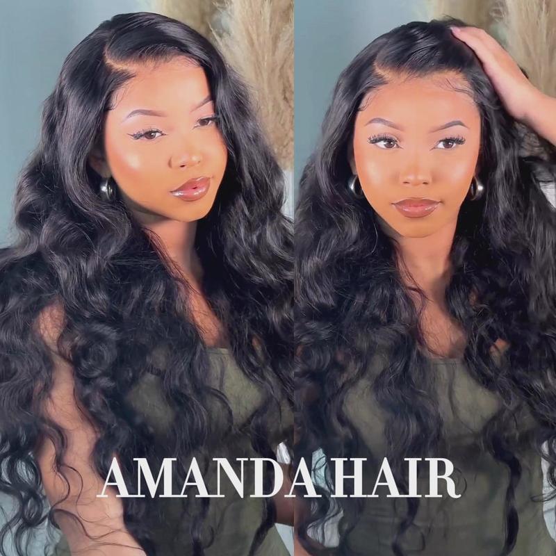 Amanda Hair Glueless Pre bleached 13x4 Lace Frontal 6x4 Pre-cut Lace Closure Loose Wave Wigs with Curtain Bangs Body Wave Clear Transparent Lace Nature Wave Wig For Women