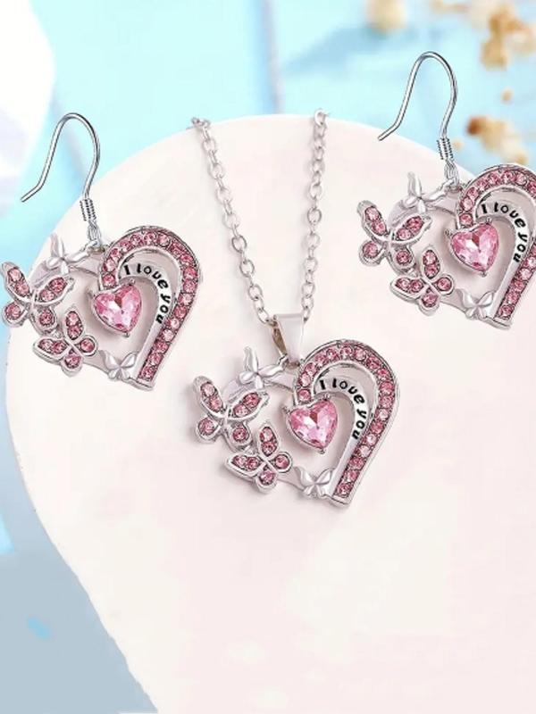 Heart Shaped Pendant Necklace & Dangle Earrings, Rhinestone Decor Jewelry Set for Women, Fashion Jewelry for Party, Daily Decor, Trendy All-match & Exquisite Jewelry for Birthday Gift