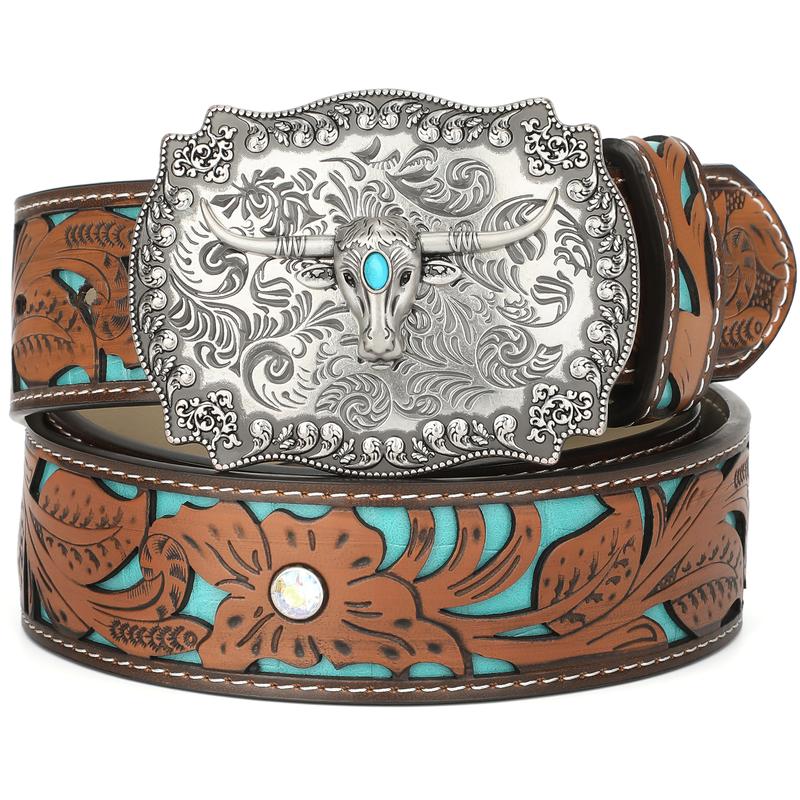 XZQTIVE Western Leather Buckle Belt for Men Women Floral Engraved Cowboy Belt for Jeans Longhorn Bull Buckle Waist Belt, L