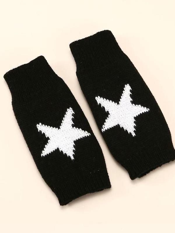 Star Print Design Half Finger Gloves, Casual Soft Comfort Outdoor Sports Gloves, Knitted Pentagram Pattern Kawaii Accessories for Fall & Winter