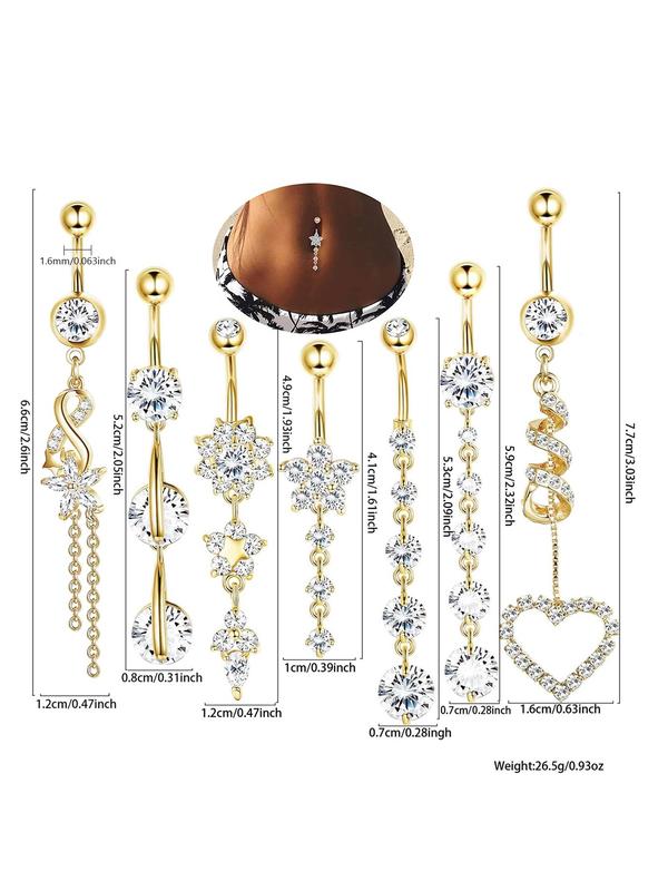 Women's Elegant Rhinestone & Flower & Heart Decor Belly Rings, Exquisite Trendy Belly Piercing Jewelry, Chic Body Jewelry for Party & Daily Decor