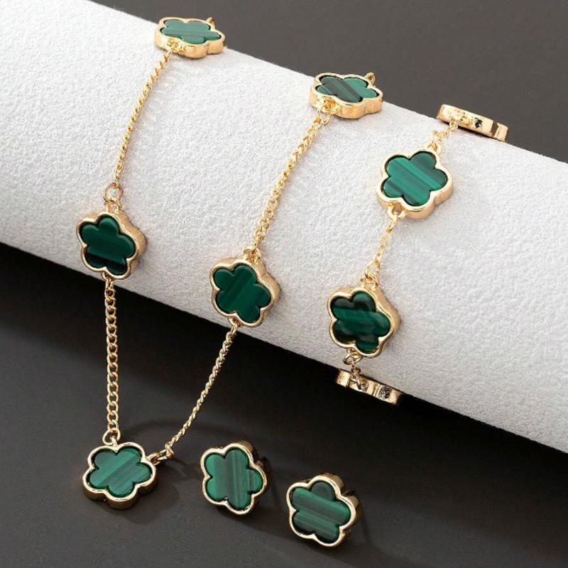 Women's Lucky Clover Pendant Necklace, Bracelet, and Earrings Set