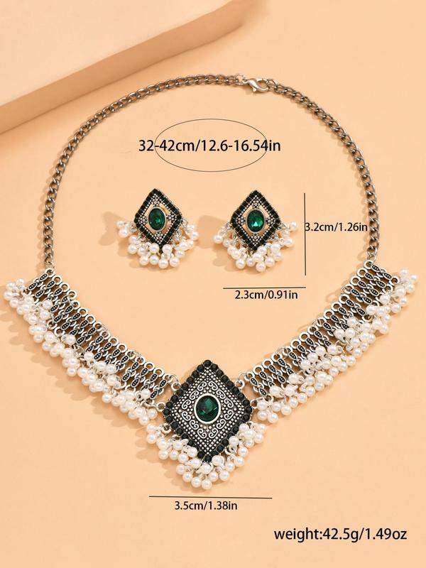 Faux Pearl Decorated Geometric Design Pendant Necklace & Dangle Earrings, Fashion Rhinestones Jewelry Set for Party, Classic Fashion Accessories for Daily Wear