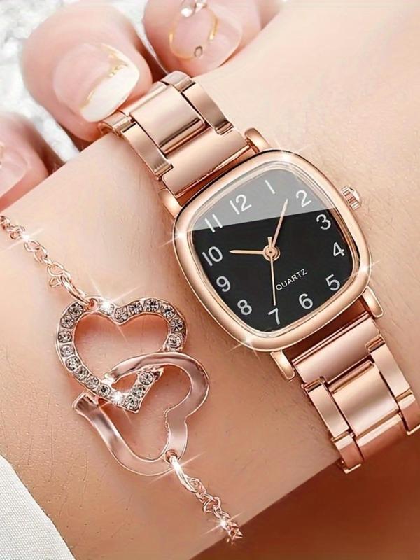 Women's Elegant Rhinestone Decor Heart Design Quartz Watch & Jewelry Set, Including Round Dial Watch & Stud Earrings & Pendant Necklace & Ring & Bracelet, Fashion Watch Set for Party, Daily Decor