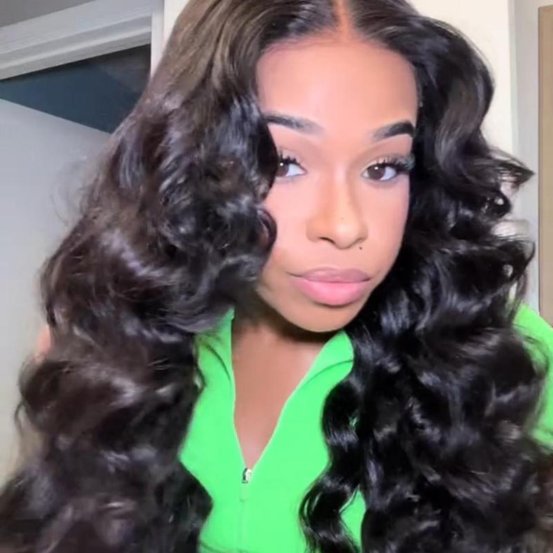 Amanda Hair Glueless Pre bleached 13x4 Lace Frontal 6x4 Pre-cut Lace Closure Loose Wave Wigs with Curtain Bangs Body Wave Clear Transparent Lace Nature Wave Wig For Women