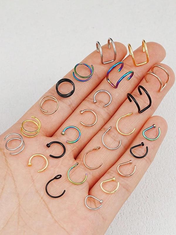 C-shaped Nose Rings, 5pcs set Classic Stainless Steel D-shaped Nose Rings, Double-layer Spiral Nose Rings, Piercing Fake Nose Rings, Body Piercing Jewelry Sets, Body Piercing Nose Rings Jewelry