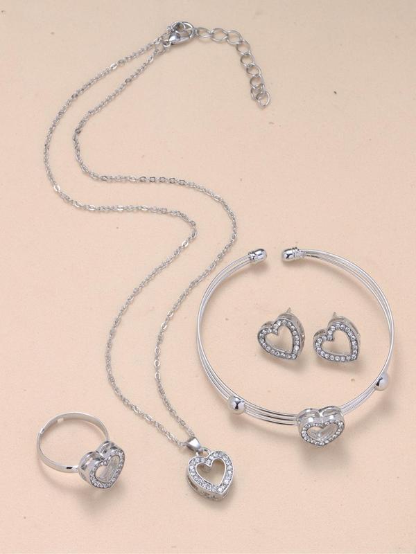 Women's Rhinestones Hollow Heart Decor Jewelry Set Including Pendant Necklace, Stud Earrings, Cuff Bangle & Ring, Modern Trendy Jewelry Set for Party, Ladies Anniversary Birthday Jewelry Gift for I Love My Girlfriend