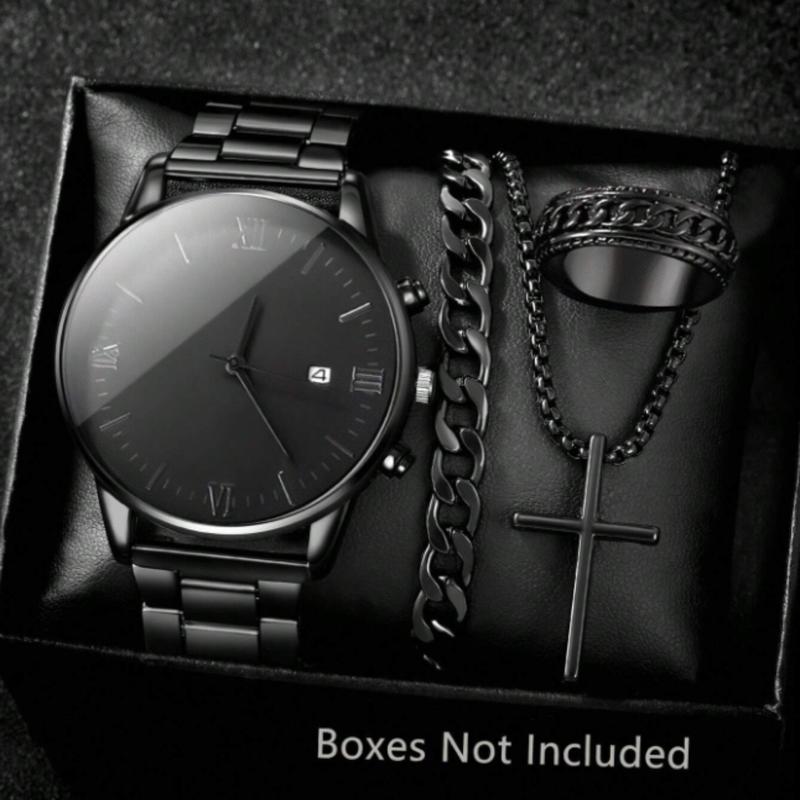 Fashionable 4pcs Men's Quartz Watch Set With Calendar Function - Non-Waterproof Black Zinc Alloy Case & Bracelet, Round Dial, Electronic Drive & Pointer Display, Including Cross Pendant Necklace & Ring