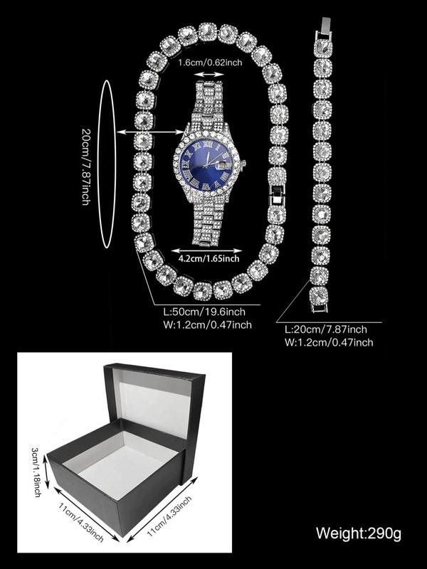 Men's Rhinestone Decorated Watch & Jewelry Set, Fashion Round Dial Analog Quartz Watch & Necklace & Bracelet, Trendy Watch Set for Party, Daily Decor, Exquisite Watch Set for Gift