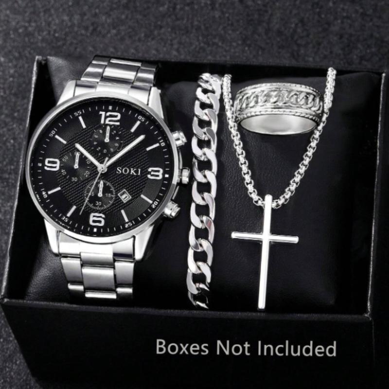 Fashionable 4pcs Men's Quartz Watch Set With Calendar Function - Non-Waterproof Black Zinc Alloy Case & Bracelet, Round Dial, Electronic Drive & Pointer Display, Including Cross Pendant Necklace & Ring