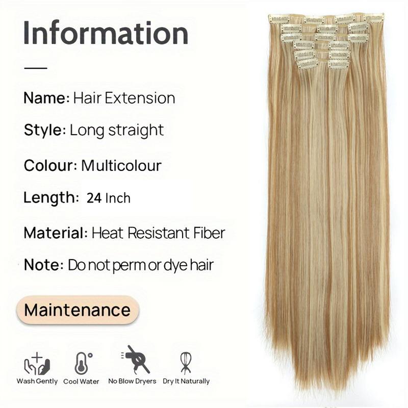 24 Inch Long Straight Synthetic Hair Extensions, 6 pcs Clip in Wigs for Women’s Daily Use, Gorgeous Natural Fluffy Hairpieces with Great Quality, 2025 Trendy Female Matching Wigs for all Occasions