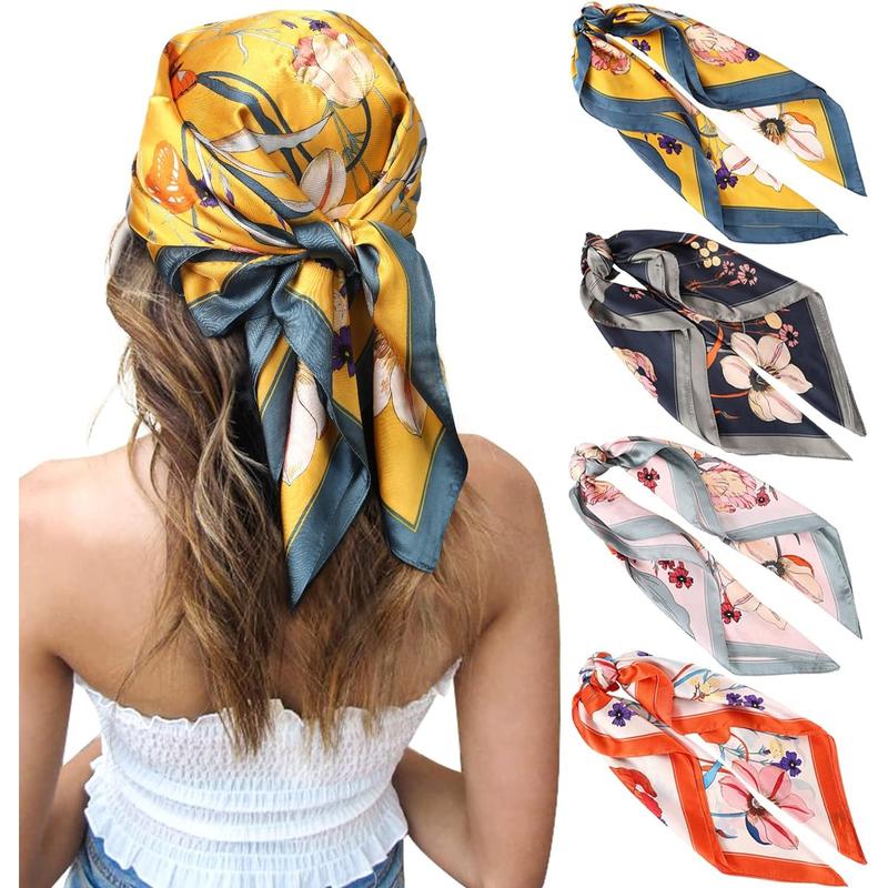 27 Inches Silk Feeling Square Head Scarf - 4 Pcs Satin Square Head Scarves for Women Hair Bandanas