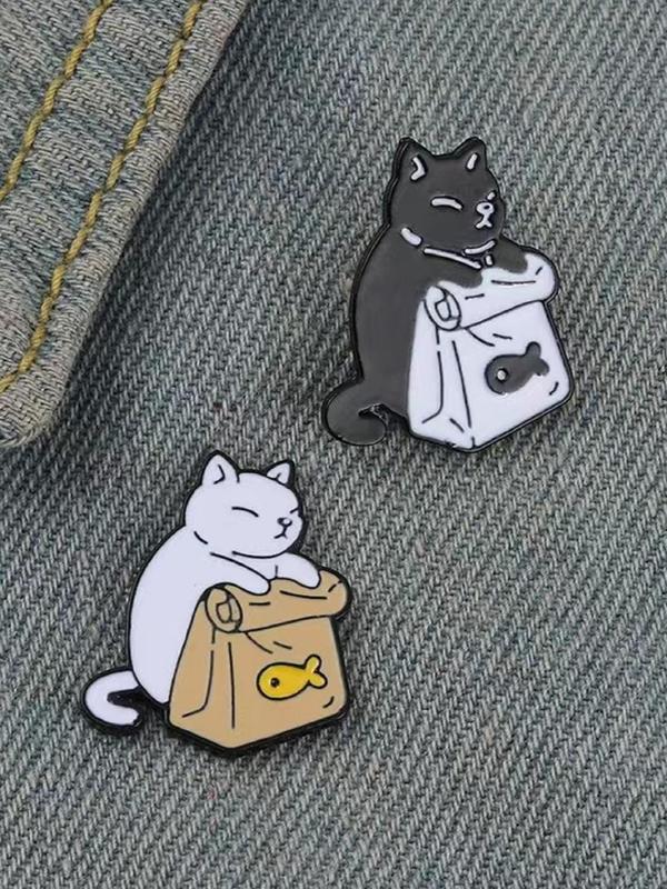 2pcs Cute Cartoon Cat Design Brooch, Animal Themed Clothes Brooch, Fashion Accessories For Men & Women