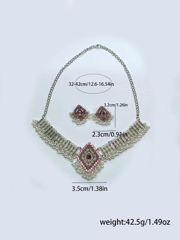 Faux Pearl Decorated Geometric Design Pendant Necklace & Dangle Earrings, Fashion Rhinestones Jewelry Set for Party, Classic Fashion Accessories for Daily Wear