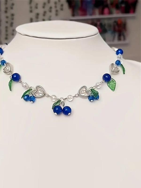 Fashion Blueberry Themed Jewelry Set, Boho Style Fruit & Leaf & Heart Design Necklace & Dangle Earrings, Fashion Accessories for Women & Girls, Exquisite Jewelry for Gift