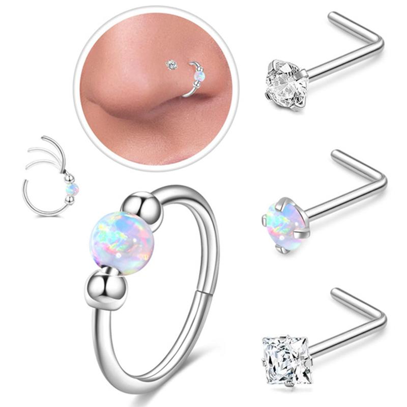 4PCs Opal Nose Rings Hoop and L-Shaped Nose Studs Set for Women Men,Hypoallergenic 316L Surgical Stainless Steel Hinged Clicker Segment Piercing Jewelry Helix Cartilage Daith Tragus Sleeper Earrings nose stud